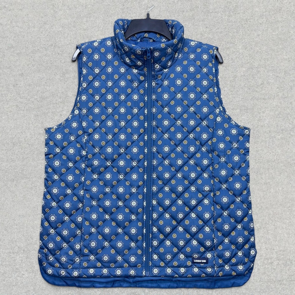 Lands End Puffer Vest Womens Large Blue Medallion Print Quilted Full Zip Pockets
